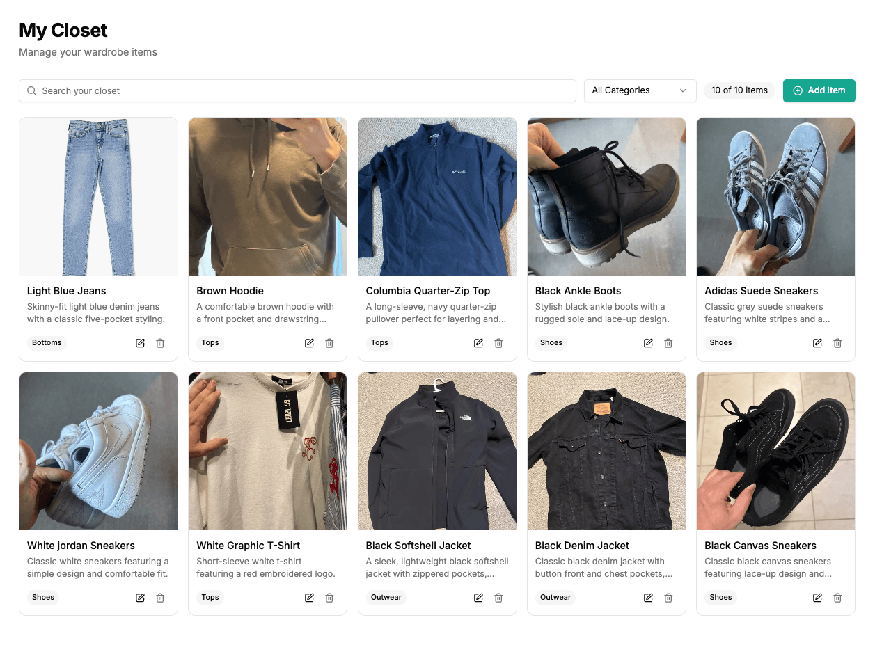 My Closet — digital wardrobe with uploaded clothing items