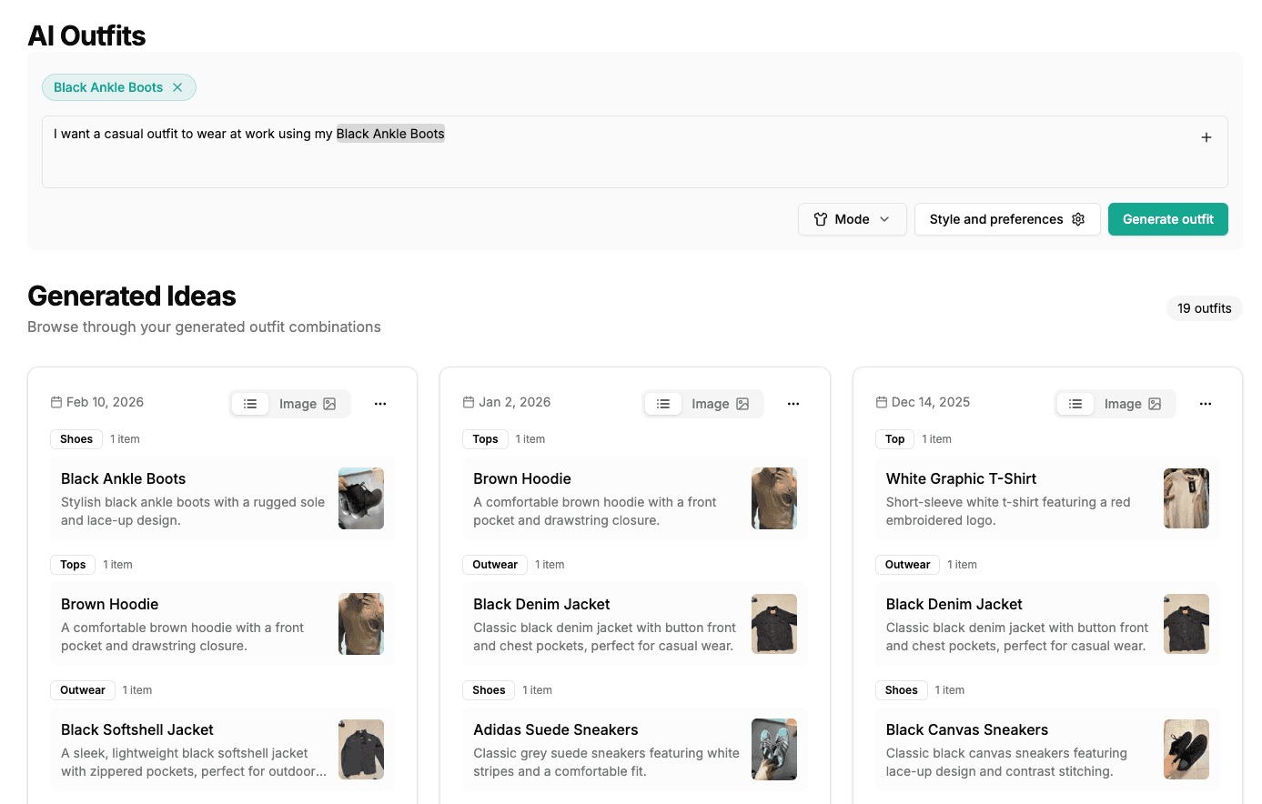 AI Outfits — generated outfit combinations from your closet