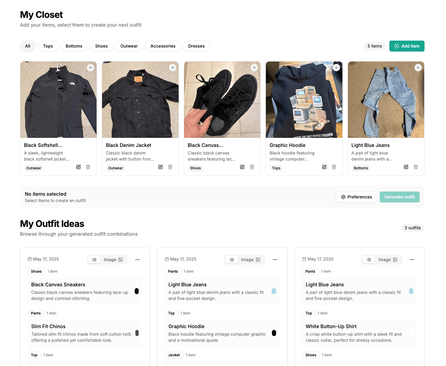 AI Closet — outfit generation preview